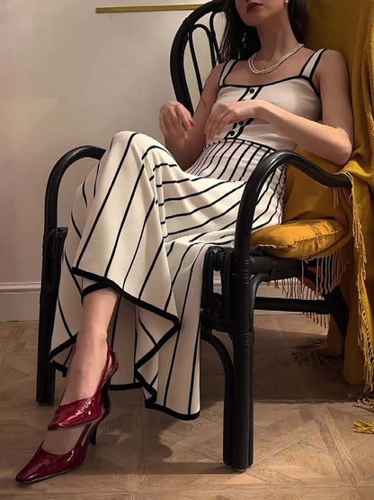 Vintage Suspender Striped Contrast Knitted Midi Dress