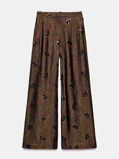 Elegant Satin Sequin Top & High-Waist Wide-Leg Pants Two-Piece Set