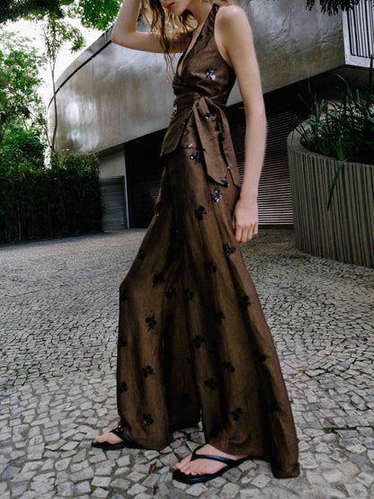 Elegant Satin Sequin Top & High-Waist Wide-Leg Pants Two-Piece Set