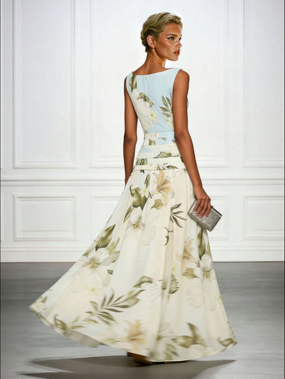 Fresh Sleeveless Boat Neck Printed Party Maxi Dress