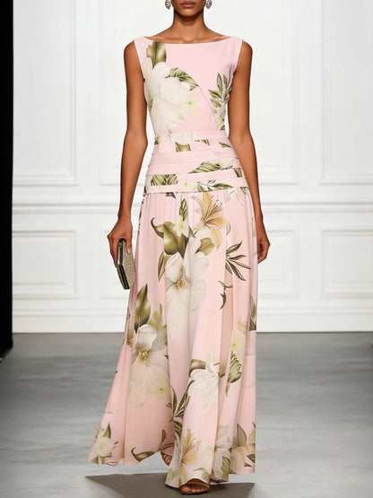 Fresh Sleeveless Boat Neck Printed Party Maxi Dress
