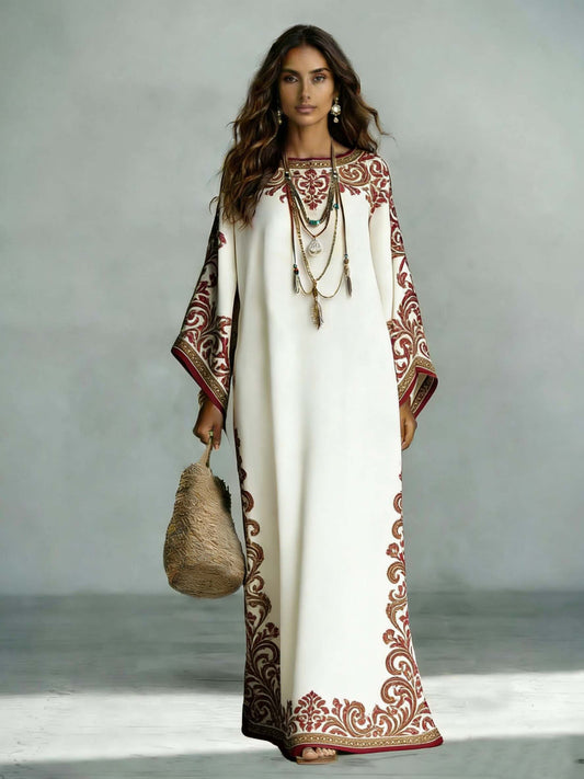Elegant Bohemian Satin Floral Print Batwing Sleeve Maxi Dress