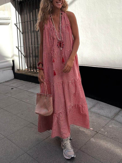 Modern Striped Print Basket Pleated Hem Maxi Dress