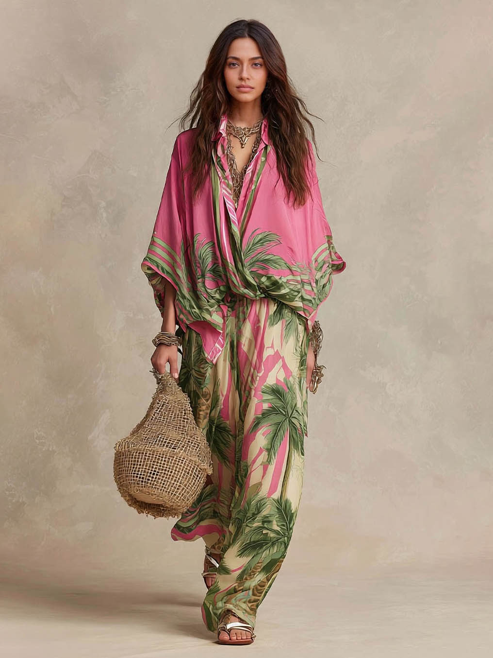 Bohemian Tropical Print Loose Batwing Sleeve Shirt