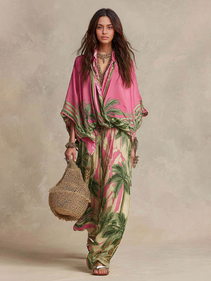 Bohemian Tropical Print Loose Batwing Sleeve Shirt