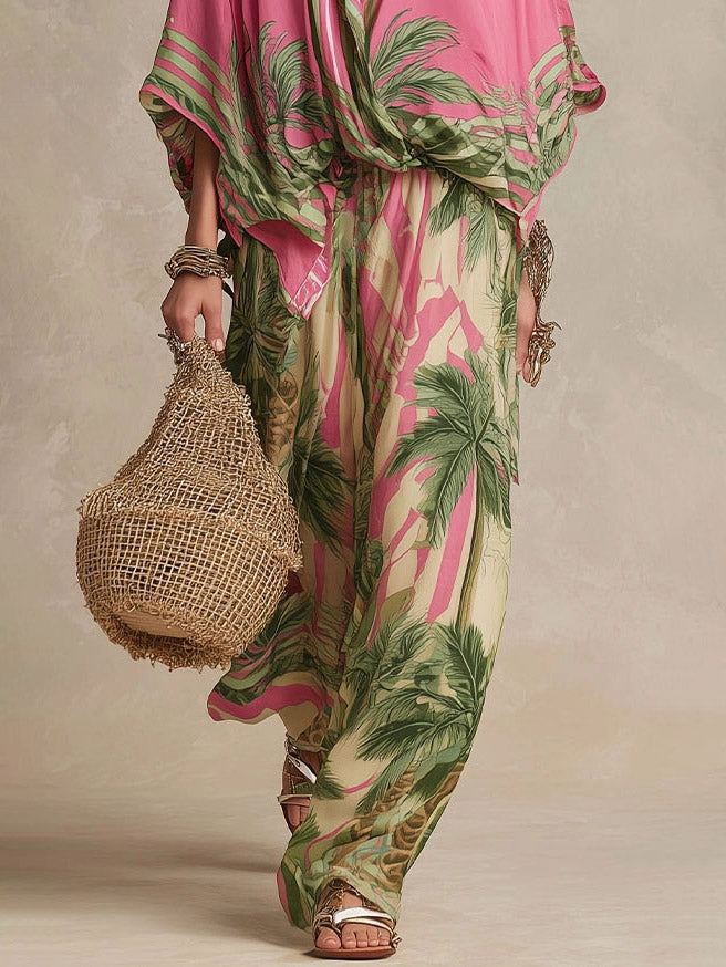 Bohemian Tropical Print Loose Batwing Sleeve Shirt