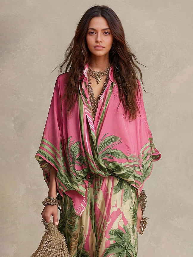 Bohemian Tropical Print Loose Batwing Sleeve Shirt
