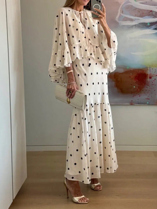 Elegant Polka Dot Ruffle Layered Chiffon Cape Maxi Dress