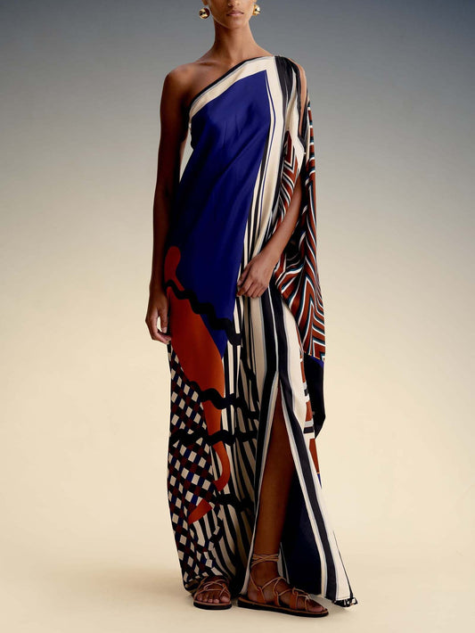 Elegant One-Shoulder Abstract Print Draped Maxi Dress