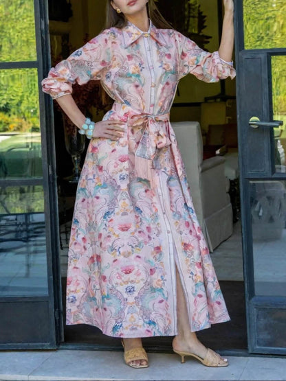 Exquisite Pastel Print Tie-Front Shirt Maxi Dress