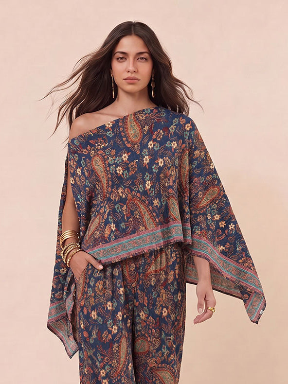 Bohemian Paisley Off-Shoulder Top & Wide-Leg Pants Two-Piece Set