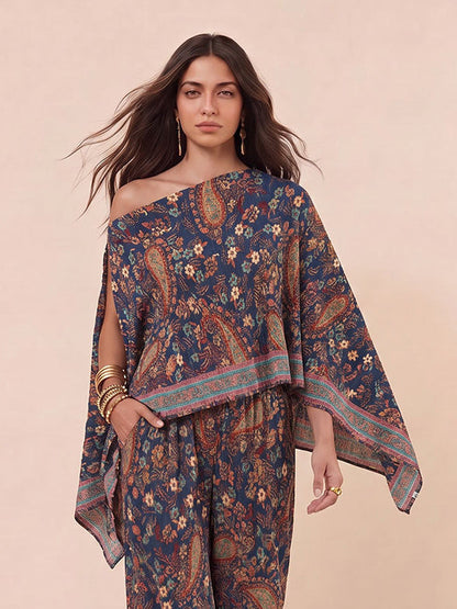Bohemian Paisley Off-Shoulder Top & Wide-Leg Pants Two-Piece Set