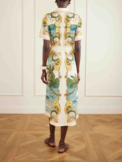 Exquisite Palm & Shell Print Button Front Midi Dress