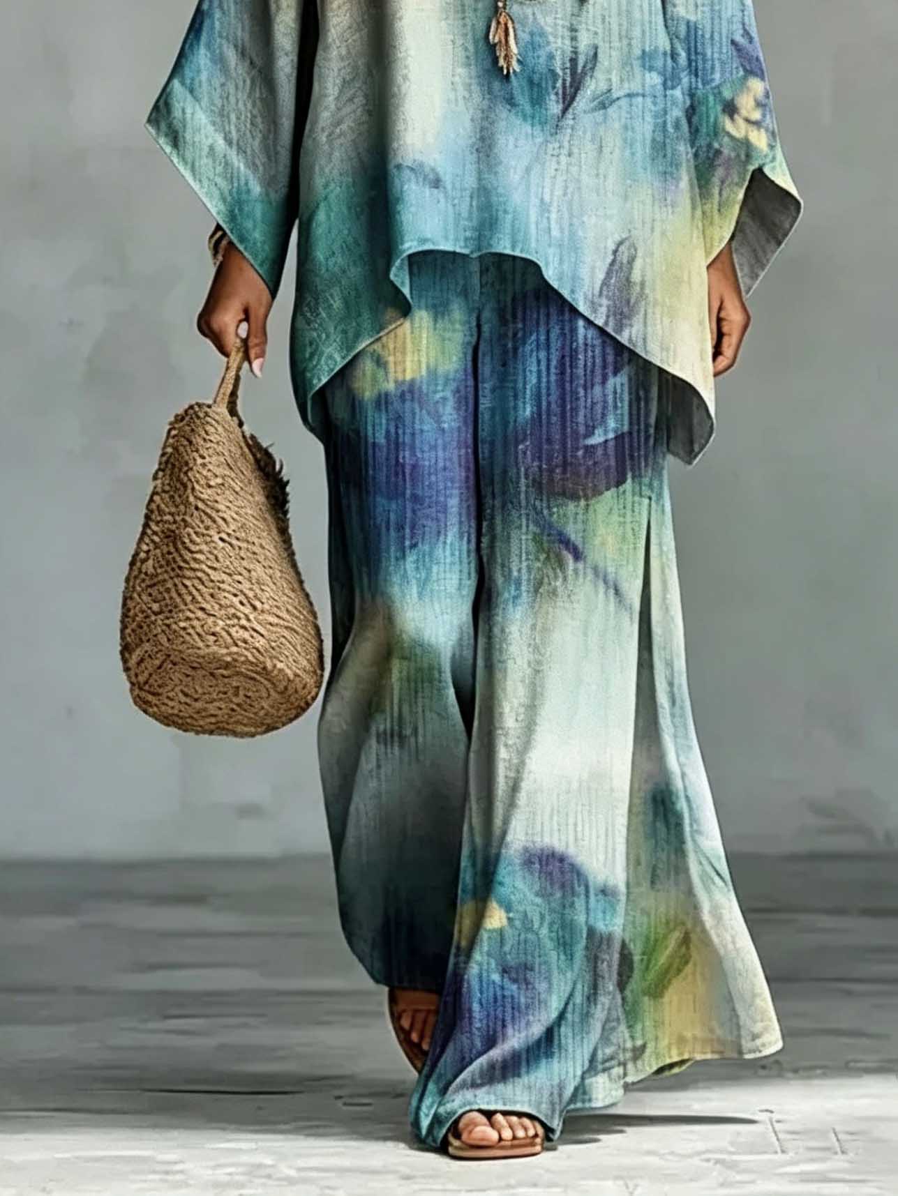 Exquisite Tie-Dye Print Batwing Sleeve Shirt & Pants Two-Piece Set
