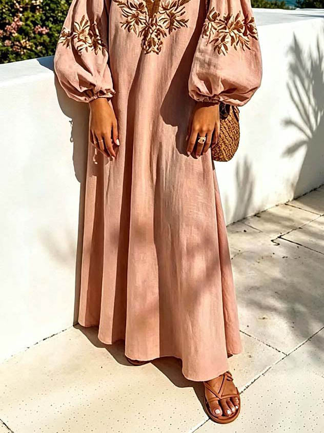 Casual Floral Embroidered Deep V Neck Puff Sleeve Maxi Dress
