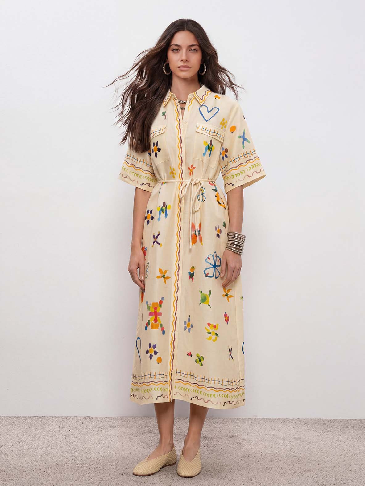 Elegant Hand-Painted Watercolor Print Shirt Midi Dress