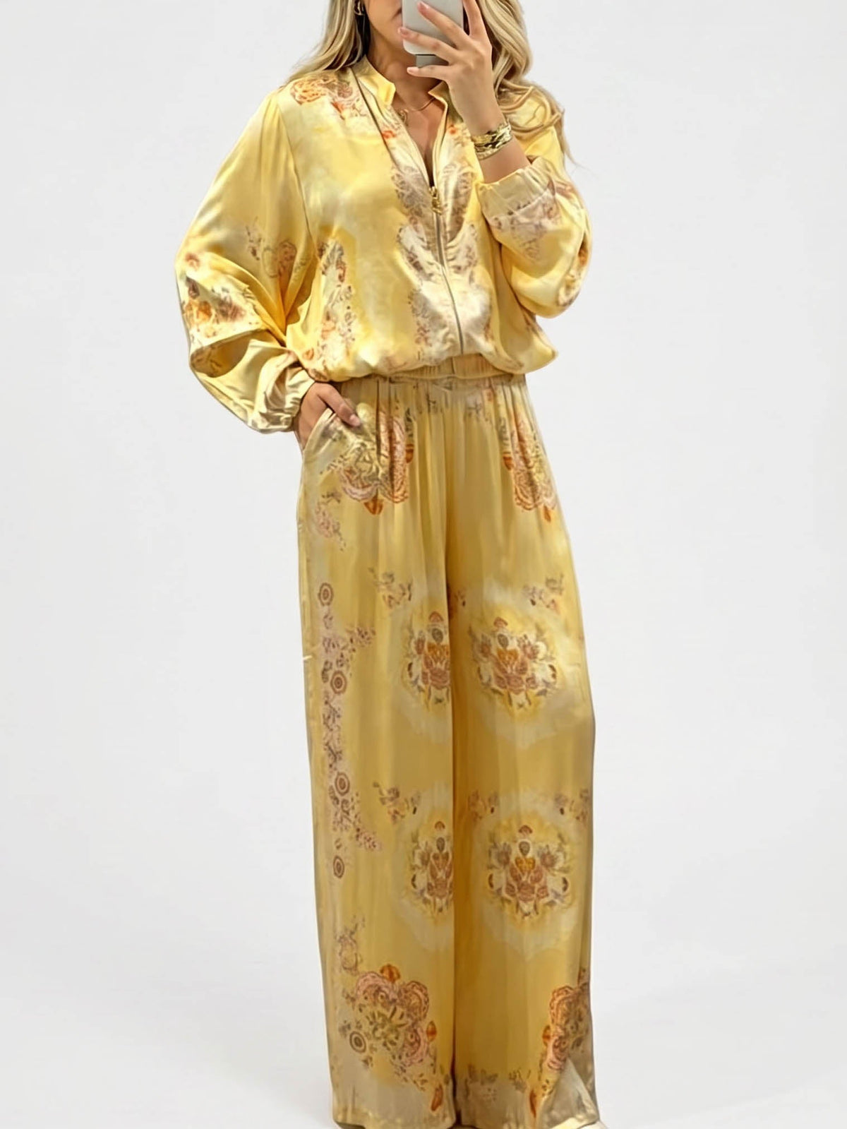 Retro Paisley Print Satin Two-Piece Set