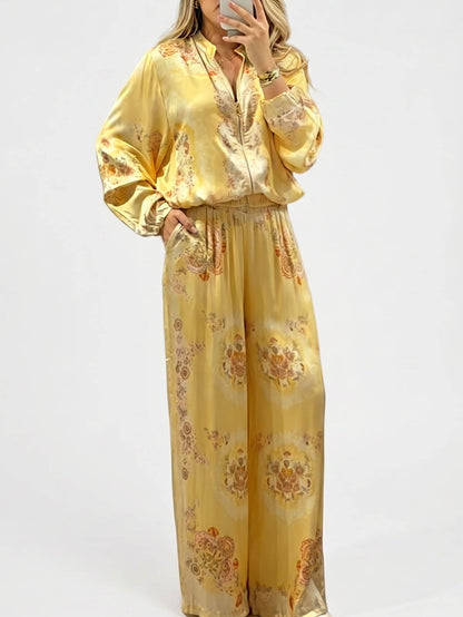 Retro Paisley Print Satin Two-Piece Set