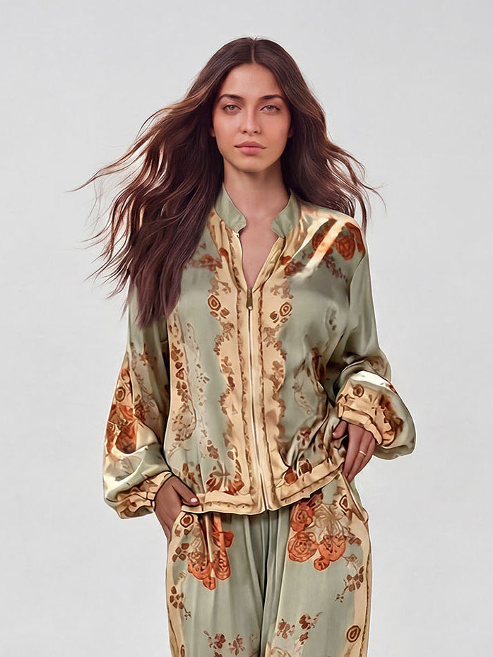 Retro Paisley Print Satin Two-Piece Set