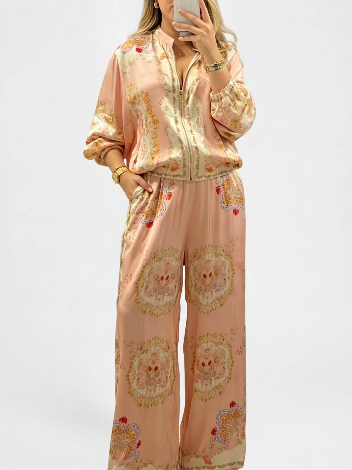 Retro Paisley Print Satin Two-Piece Set