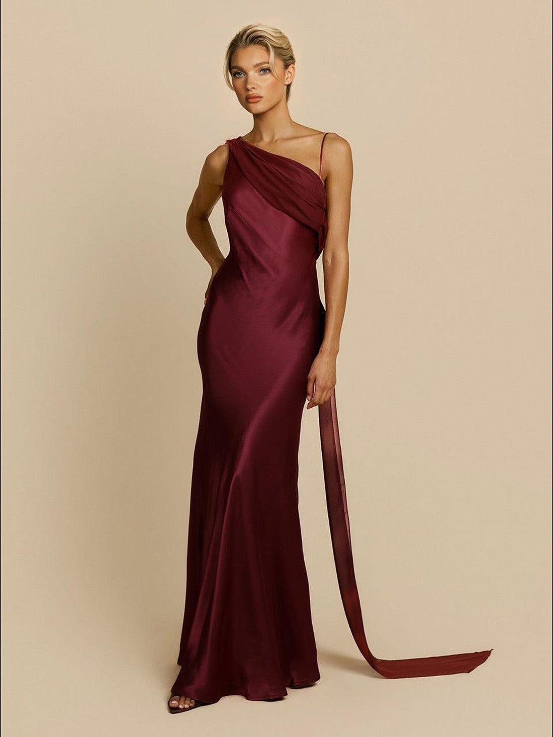 Elegant Satin Asymmetric One Shoulder Maxi Dress
