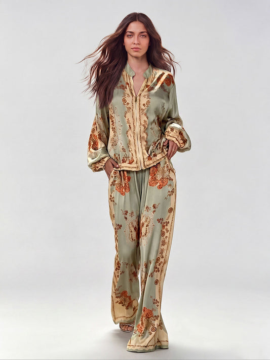 Retro Paisley Print Satin Two-Piece Set