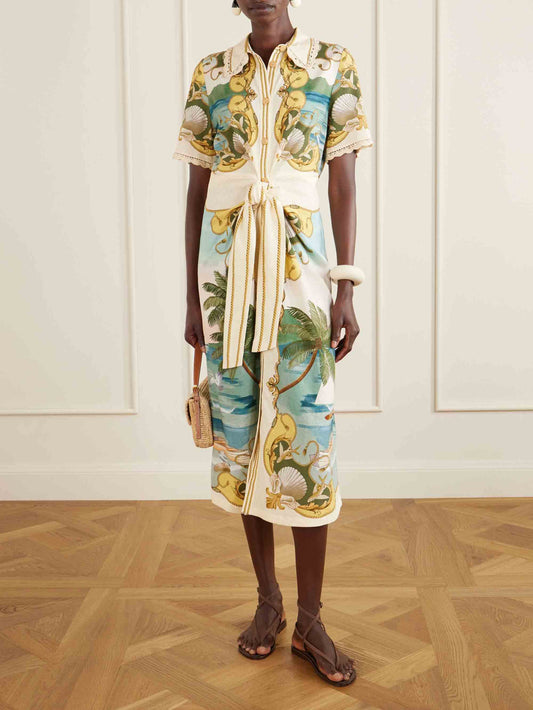 Exquisite Palm & Shell Print Button Front Midi Dress