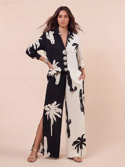 Bohemian Palm Print Colorblock Shirt Two-Piece Set