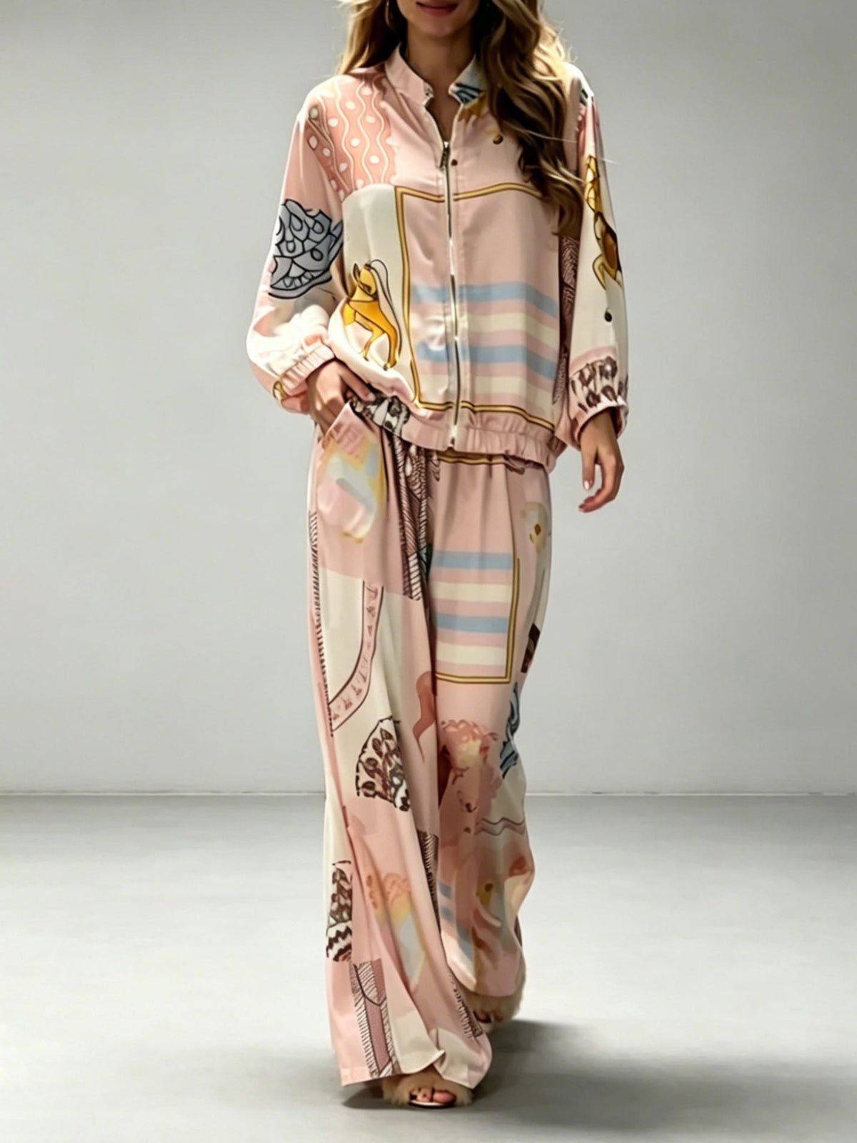 Casual Artistic Print Zip-Up Shirt & Wide-Leg Pants Two-Piece Set