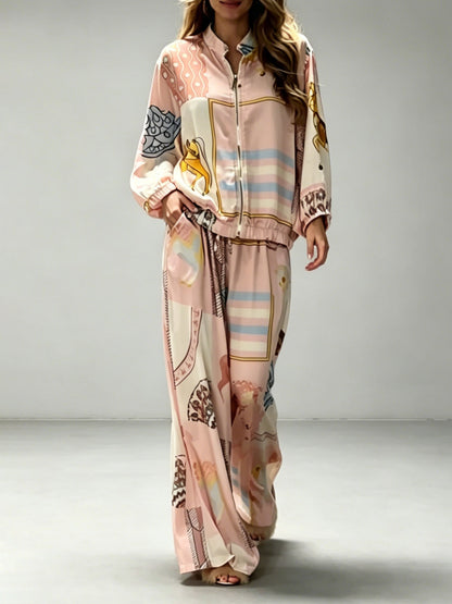 Casual Artistic Print Zip-Up Shirt & Wide-Leg Pants Two-Piece Set