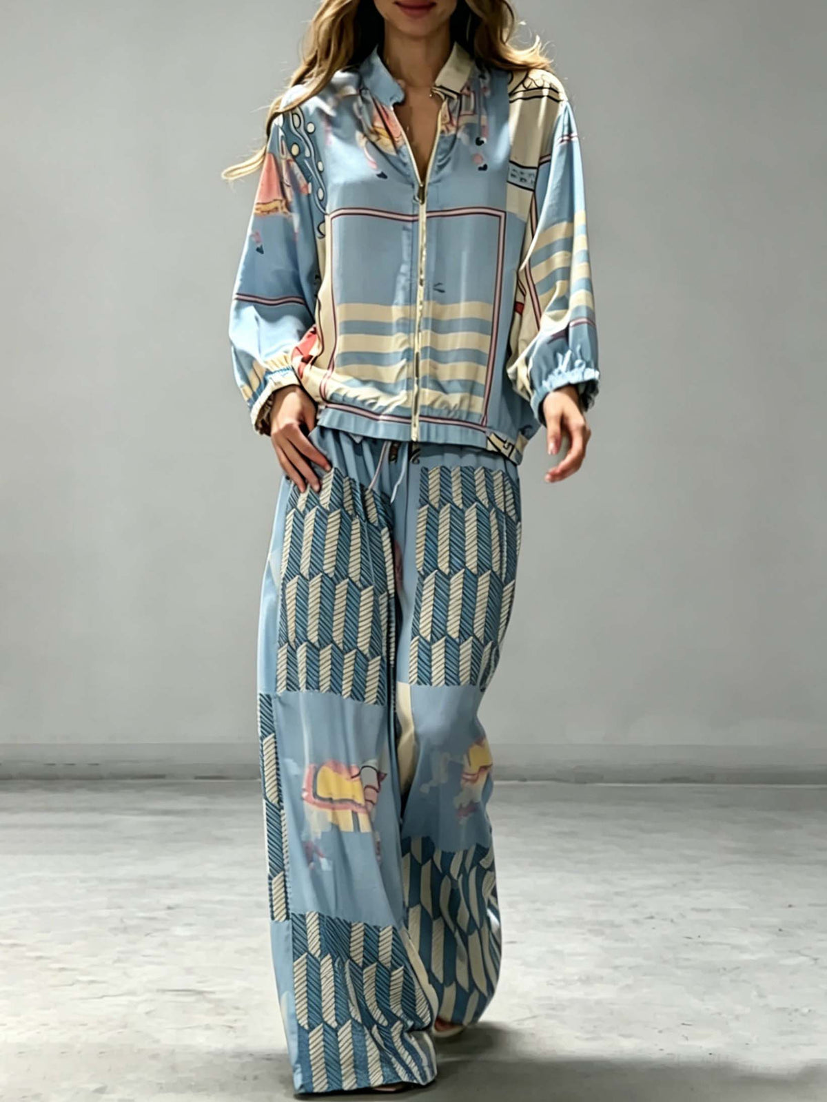 Casual Artistic Print Zip-Up Shirt & Wide-Leg Pants Two-Piece Set