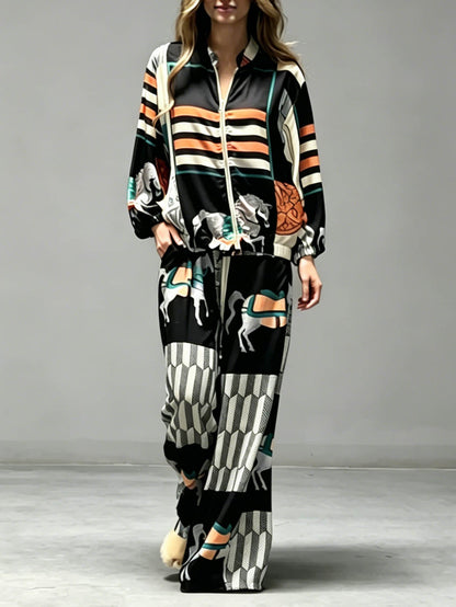 Casual Art Print Wide-Leg Pants