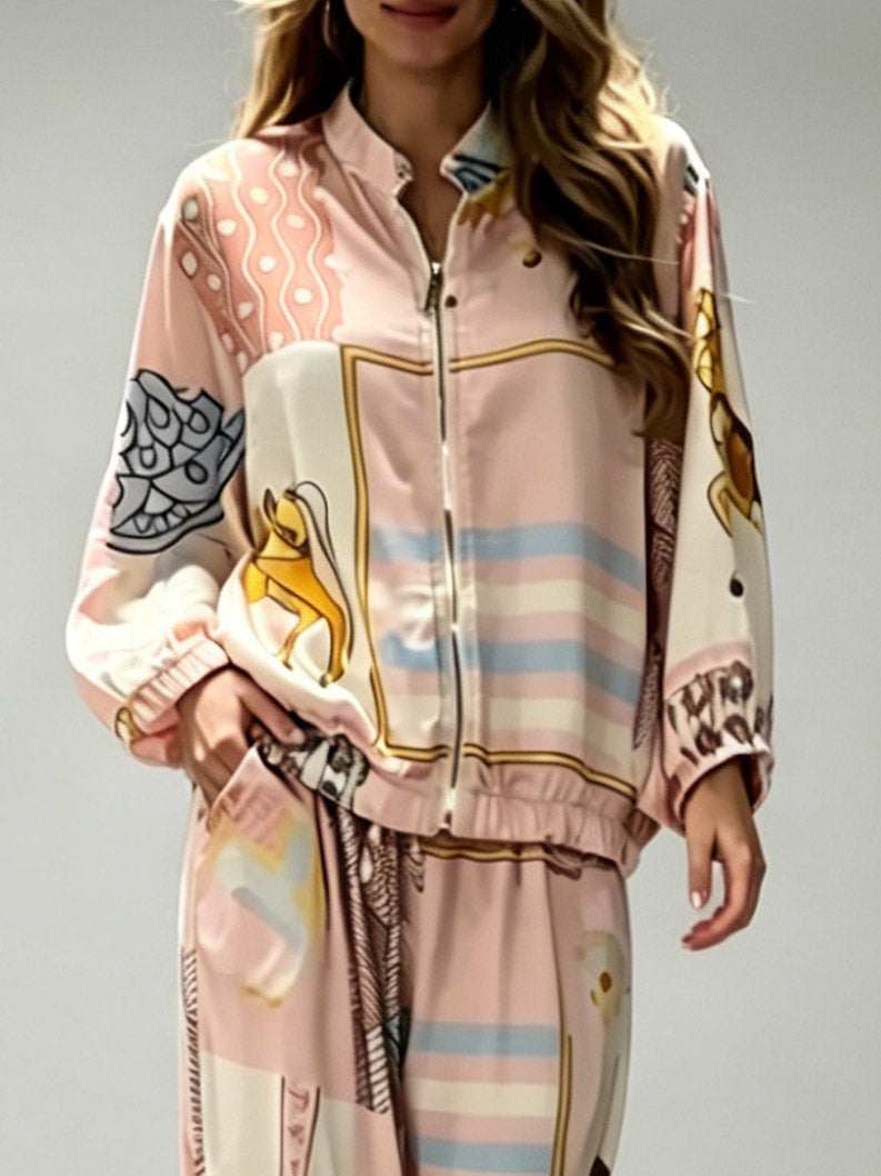 Casual Artistic Print Zip-Up Shirt & Wide-Leg Pants Two-Piece Set