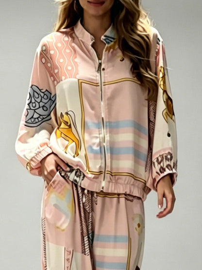 Casual Artistic Print Zip-Up Shirt & Wide-Leg Pants Two-Piece Set