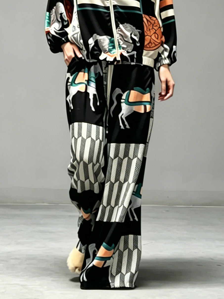 Casual Art Print Wide-Leg Pants