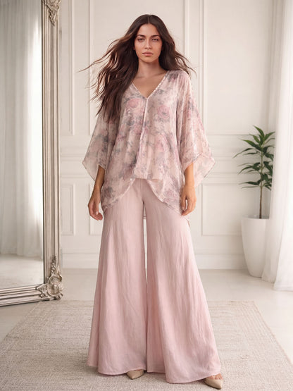 Casual Floral Print Flowing Top & Wide-Leg Pants Set