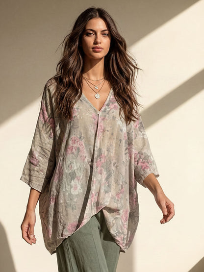 Casual Floral Print Flowing Top & Wide-Leg Pants Set