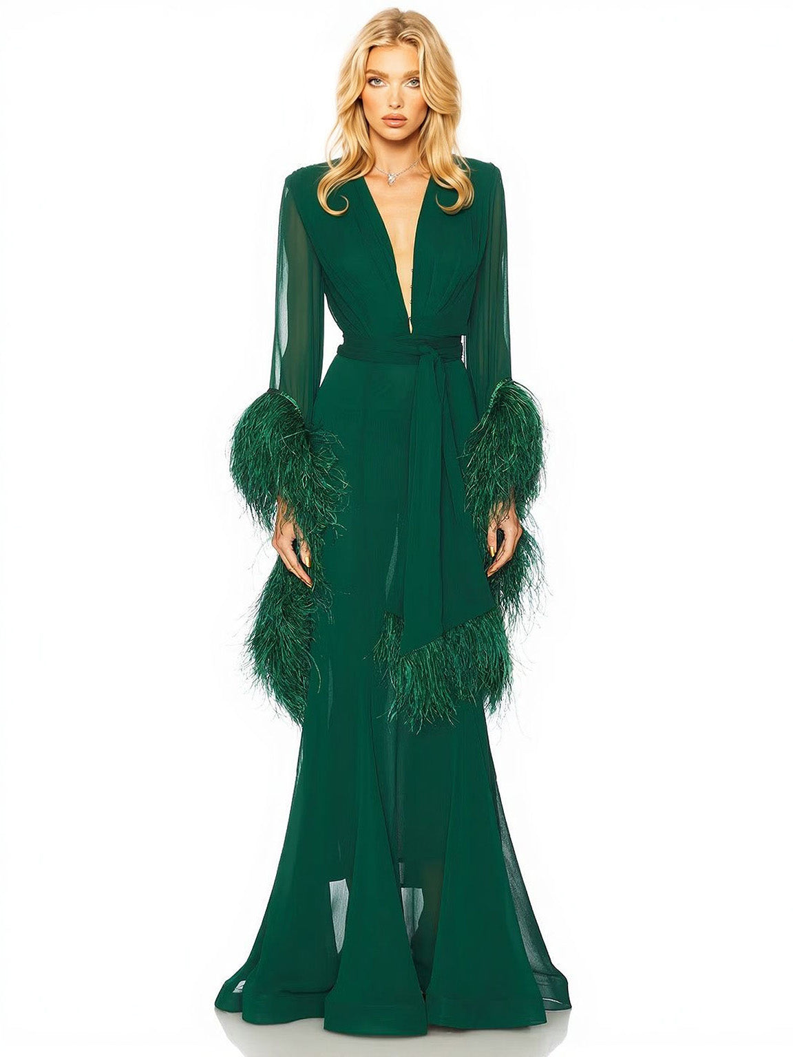Elegant V-Neck Feather Cuff Chiffon Flowing Party Maxi Dress