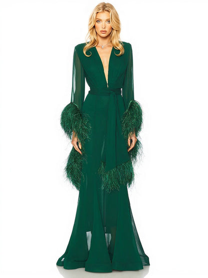 Elegant V-Neck Feather Cuff Chiffon Flowing Party Maxi Dress