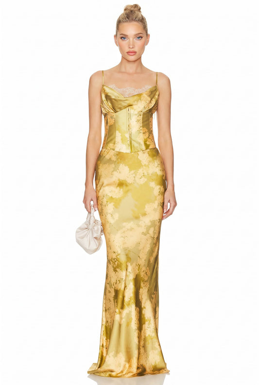 Lace Splicing Printed Sling Maxi Dress