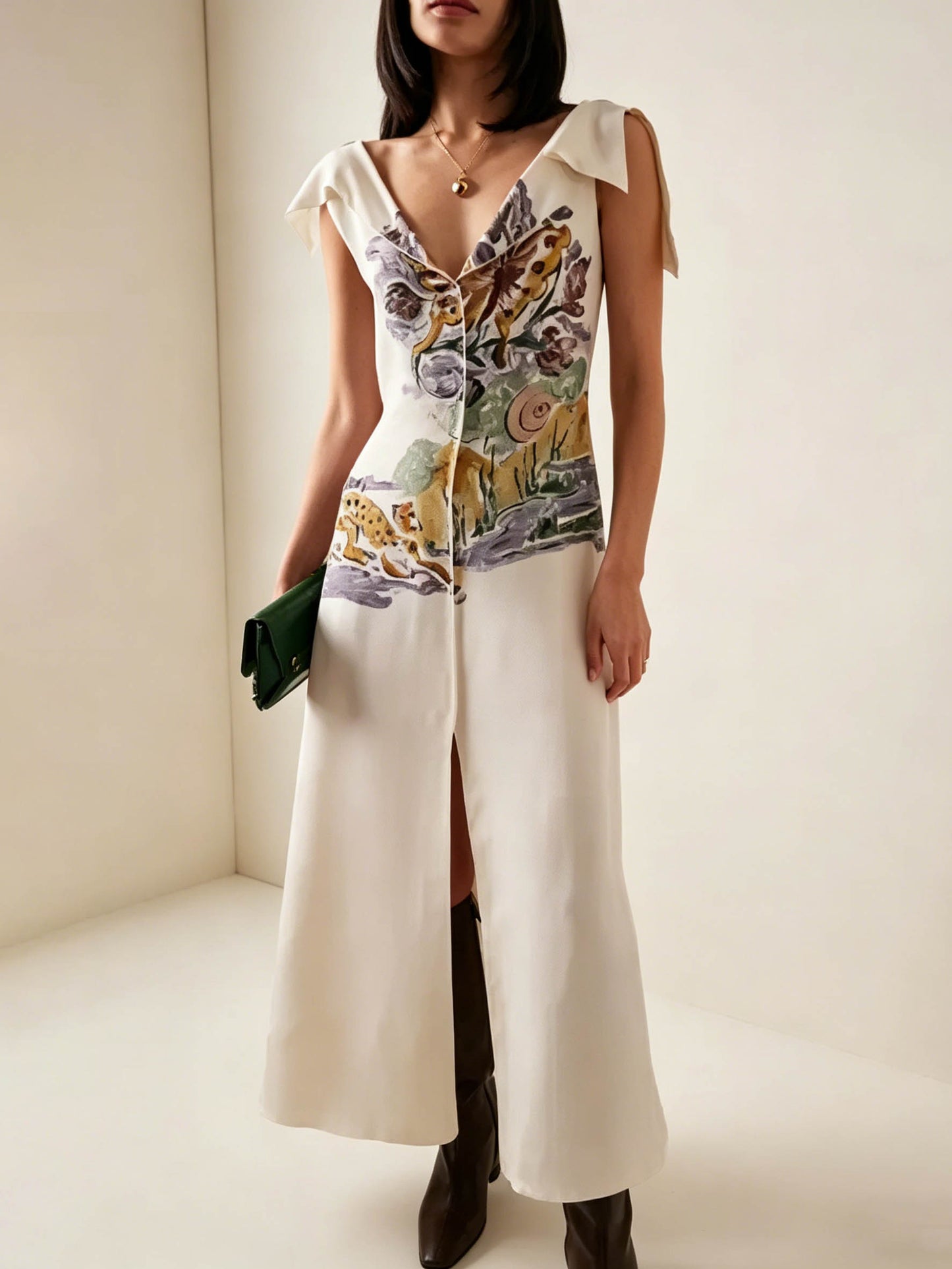 Elegant Artistic Print Front Slit Maxi Dress
