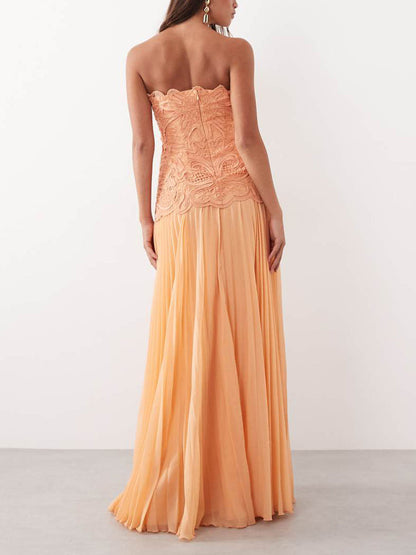 Elegant Strapless Lace Embroidered Maxi Dress