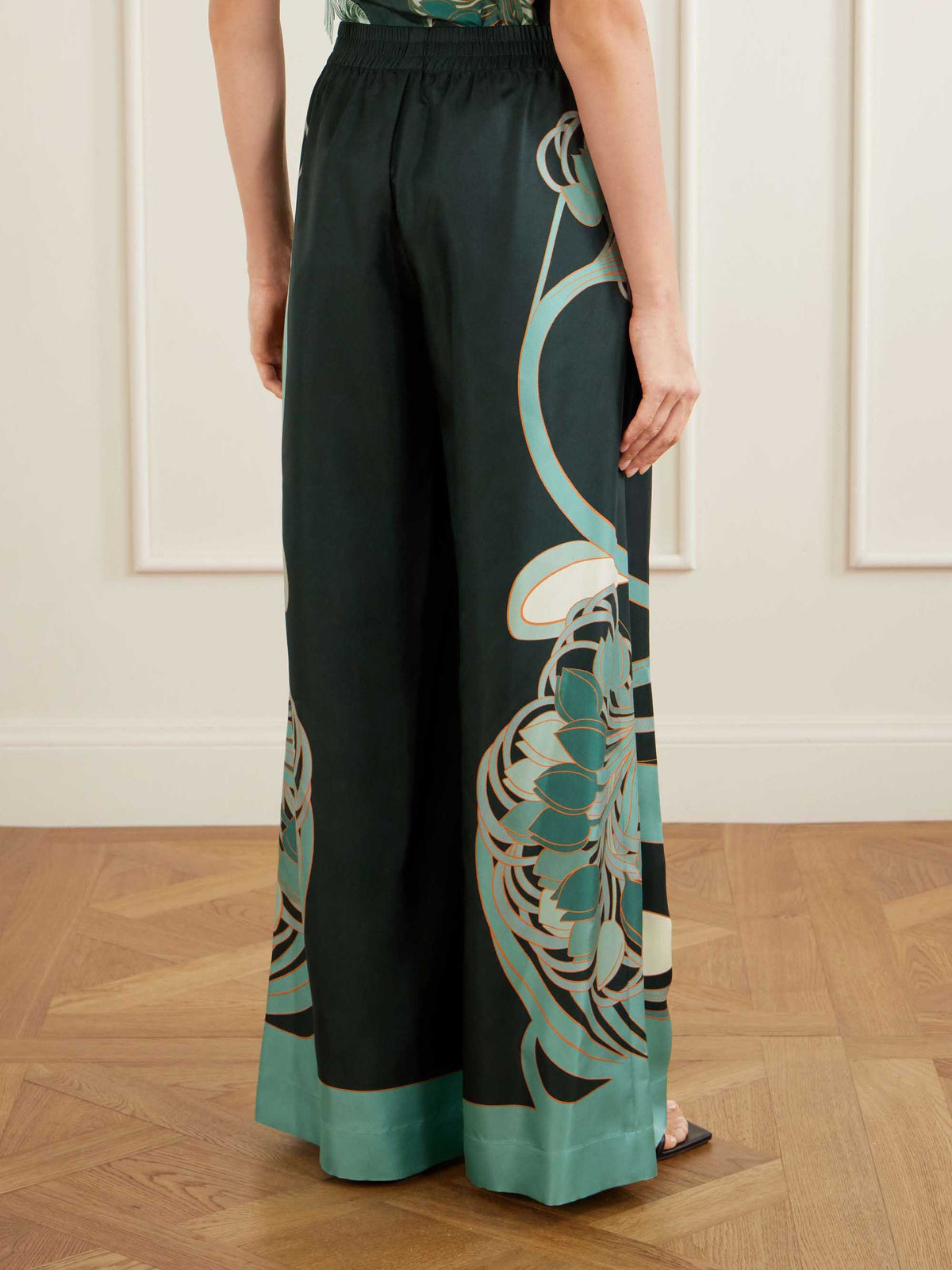 Retro Artistic Print Fringe Trim Asymmetrical Top & Pants Two-Piece Set
