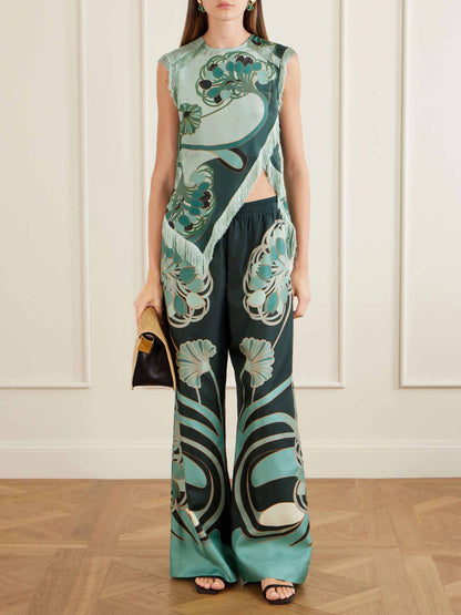 Retro Artistic Print Fringe Trim Asymmetrical Top & Pants Two-Piece Set