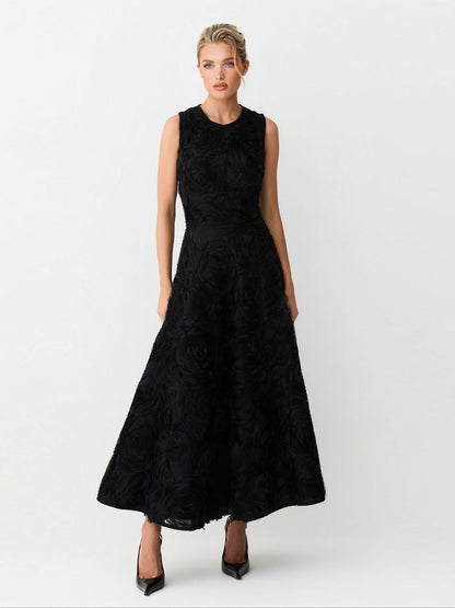 Elegant 3D Floral Lace Sleeveless Midi Dress
