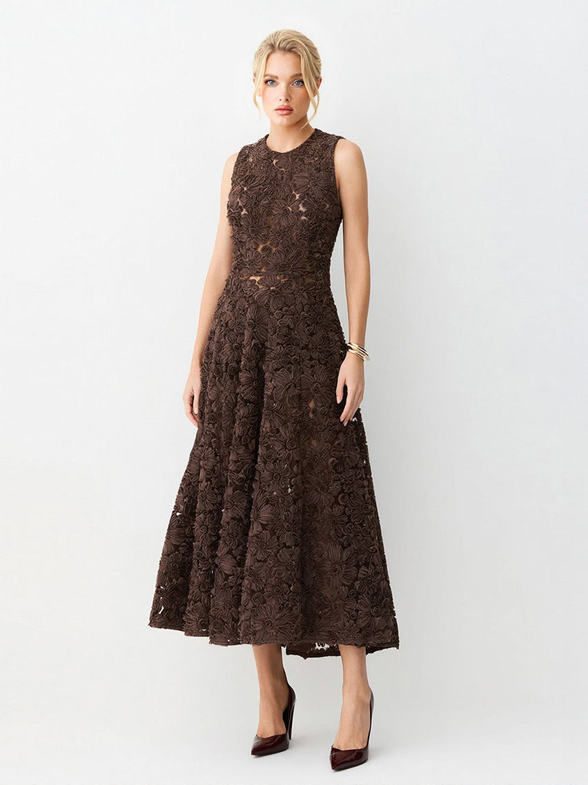 Elegant 3D Floral Lace Sleeveless Midi Dress
