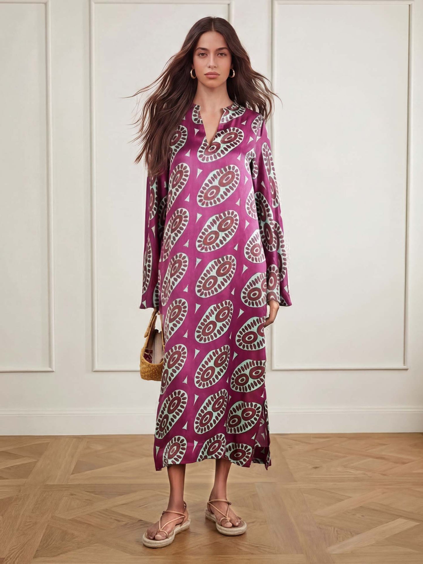 Exquisite Satin Abstract Print Maxi Dress