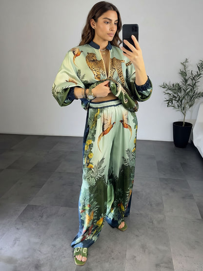 Exotic Jungle Print Zip-Up Shirt & Wide Leg Pants Set