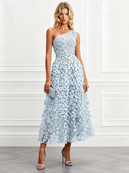 Elegant One Shoulder 3D Butterfly Veil Midi Dress