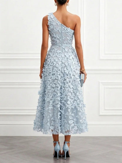 Elegant One Shoulder 3D Butterfly Veil Midi Dress